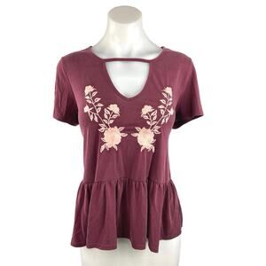 Alya Red Pink Floral Embroidered Cutout V Necn Peplum Blouse Top Size S